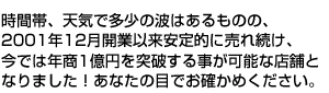 時間帯、天気で多少の波はあるものの、2001年12月開業以来安定的に売れ続け、今では年商1億円を突破！あなたの目でお確かめください。